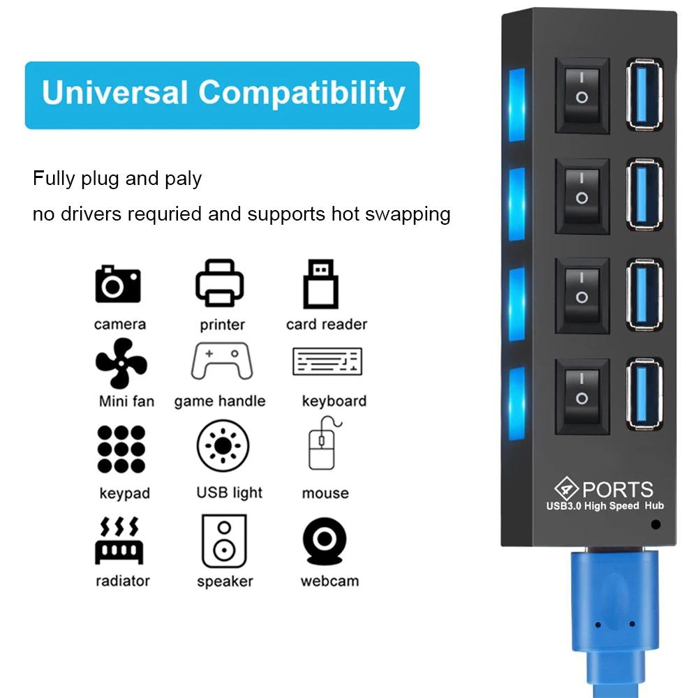 Hub USB 3,0 Hub USB de 3 USB 2,0 Multi USB de alimentación del divisor de adaptador de puerto 4/7 múltiples expansor 2,0 con interruptor accesorios para PC