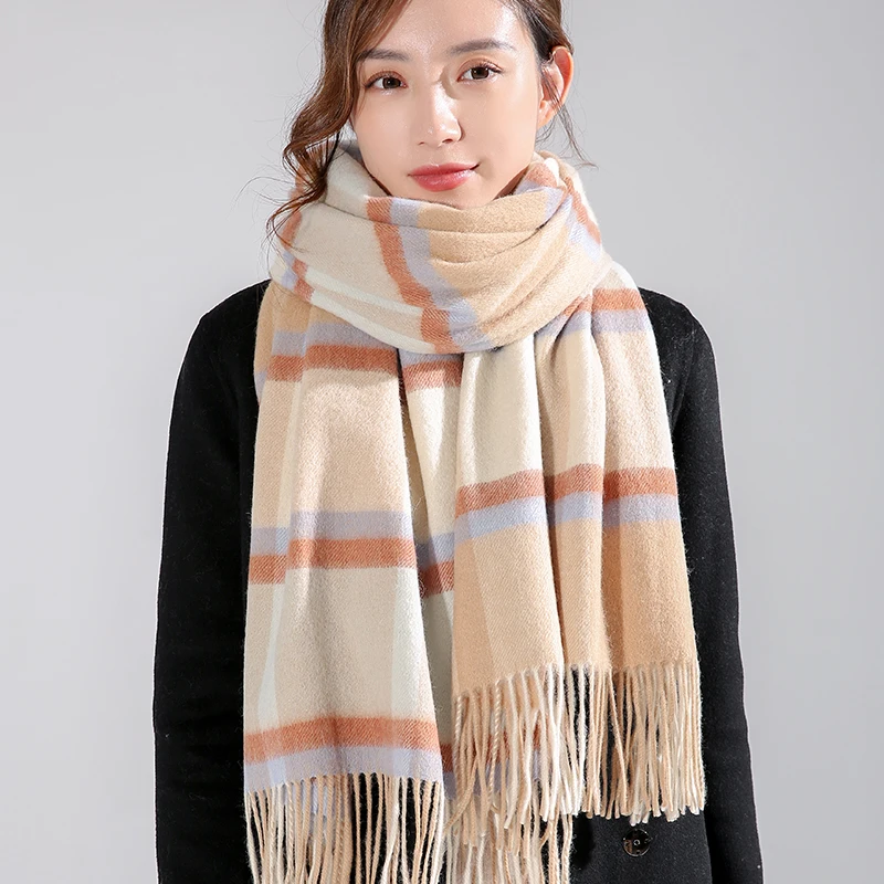 Winter 100% Wool Scarf Women Thicken Warm Beige Plaid Echarpe Shawls and Wraps Checkered Pashmina Cashmere Scarves Foulard Femme