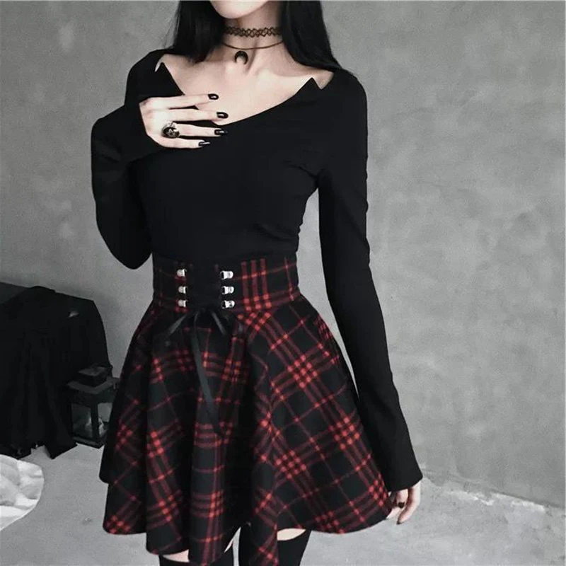 Black Checkered Women's Gothic Skirt Women Pleated Plaid Skirts Spring Autumn Girl Hip Hop Female Punk Goth Mini Skirt