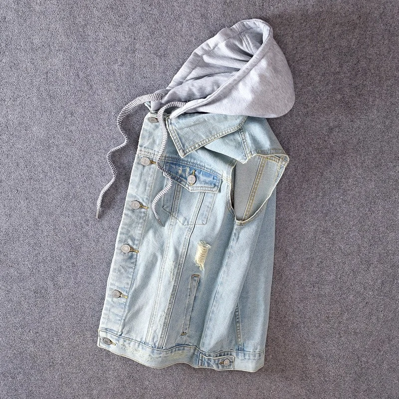 

Sleeveless Summer Denim Vest Jacket Men Slim Fit Hole Ripped Hooded Waistcoat Vintage Streetwear Light Blue Casual Mens Vests