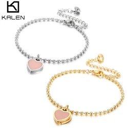 KALEN New Women Party Jewelry Pink Heart Pendant Rose Gold Color Stainless Steel Bracelet Bead Chain Women Bracelets Bangles