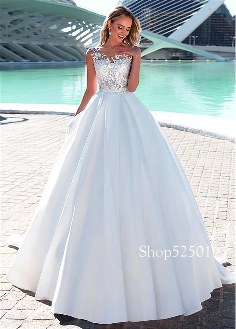 Tinh Tế Voan & Satin Bateau Cổ Chữ A Váy Áo Chiếu Trúc Hạt Tất Phối Ren Đầm Cô Dâu Vestidos De Casamento