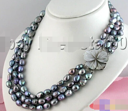 

Wholesale free shipping 100% Natural jewelry 3ROW 10MM BAROQUE BLACK FRESHWATER PEARL NECKLACE SHELL