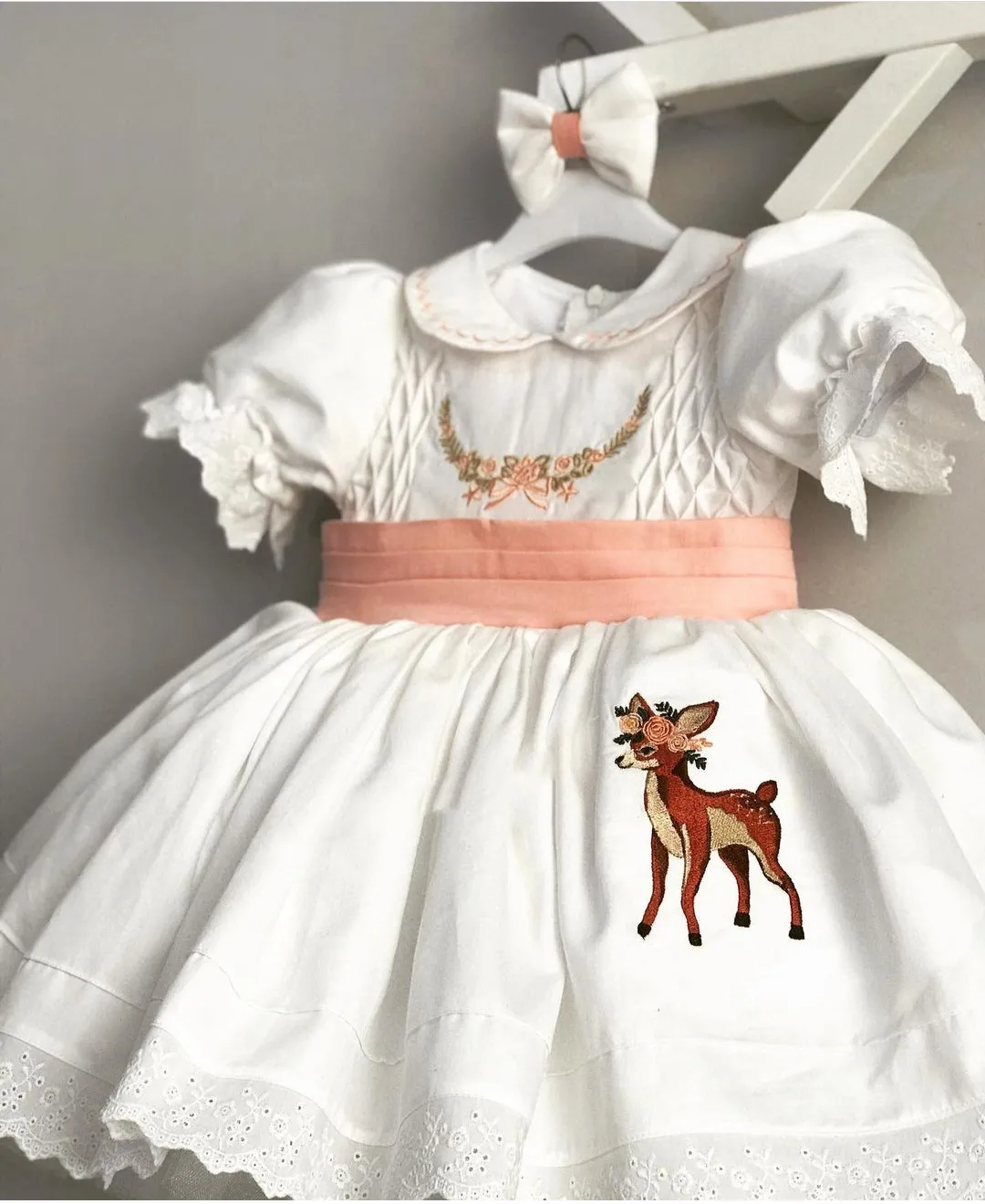 0-12Y Baby Girl Spring Summer White Deer Embroidery Vintage Spanish Princess Ball Gown Dress for Eid Causal