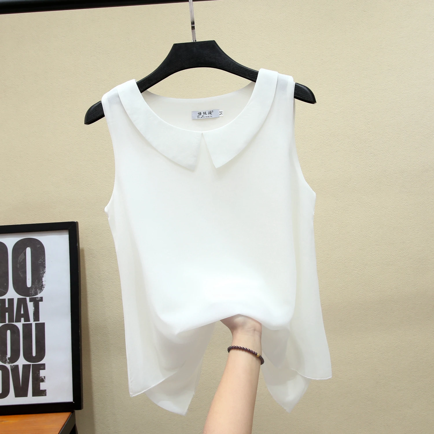 2022 Summer Beach New 10 colour chiffon shirt Peter Pan collar Sleeveless Blouse Oversized Loose White Female Tops