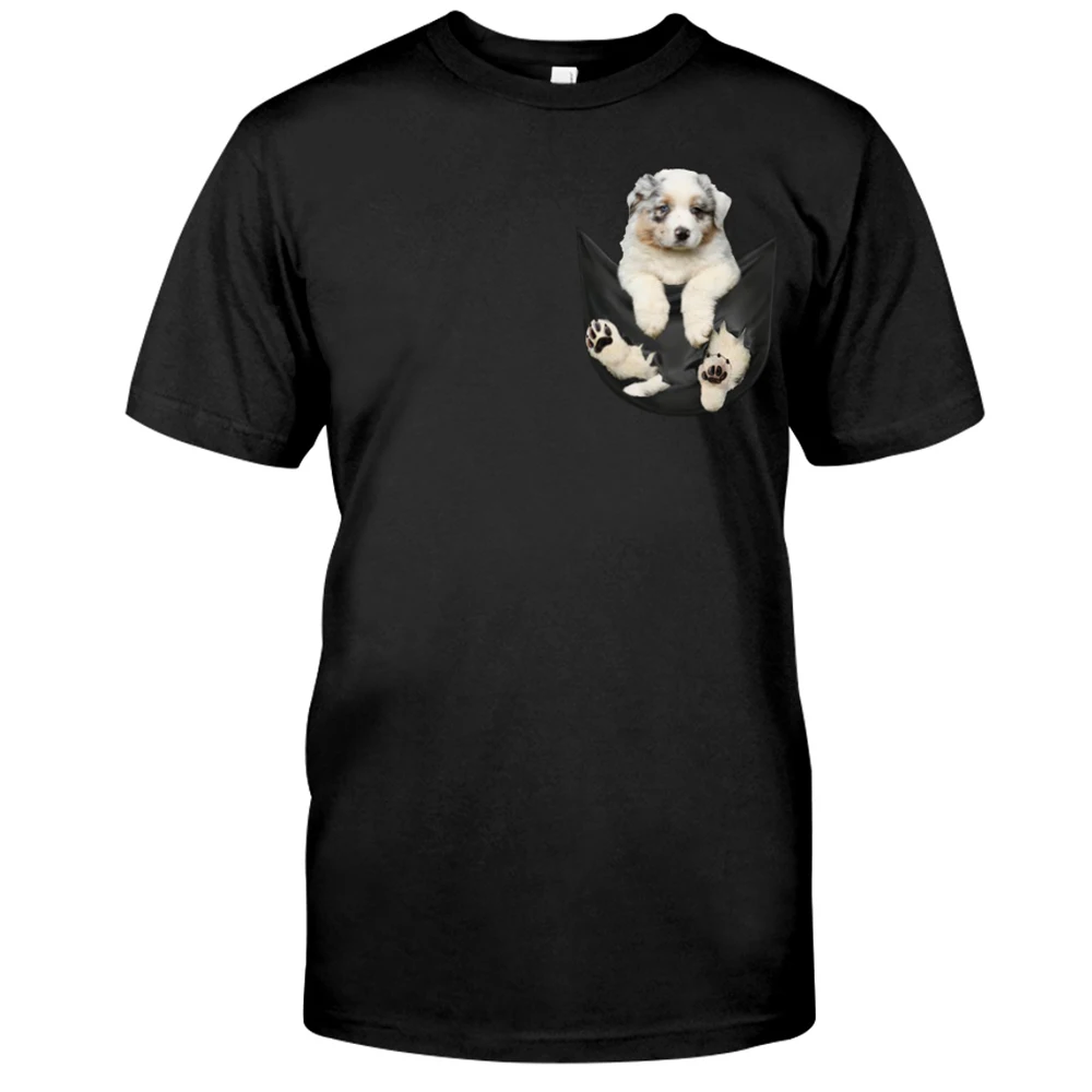 CLOOCL Cotton T-Shirt Fashion Australian Shepherd In Pocket Printed T-shirt Harajuku Casual Tops Cotton Black Tees Drop Shipping