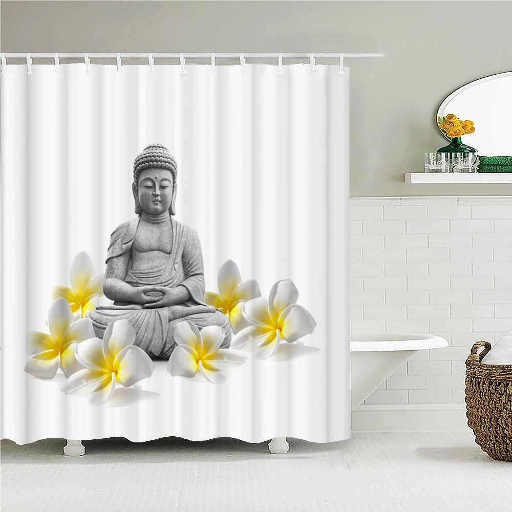 Bathroom Shower Curtains Buddha Statue Bamboo Bath Screens Home Decor Waterproof Polyester Fabric  With Hooks 240x180xm