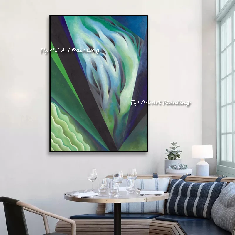 Abstraktes großes Gemälde Georgia O 'Keeffe Gemälde für Wohnzimmer, grüne moderne Heimdekoration, handgefertigtes Ölgemälde auf Leinwand