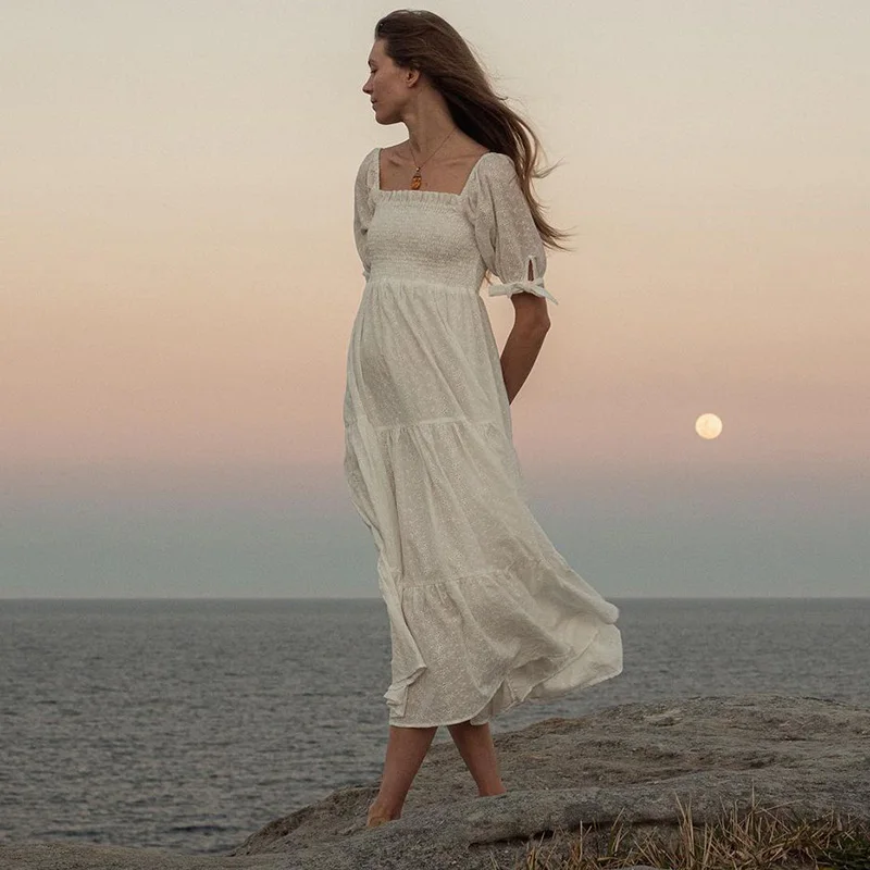 Vestido de verano 2022, ropa de mujer, vestido elegante con volantes y cuello cuadrado bordado, vestido blanco de manga corta con lazo, vestido de playa midi fruncido