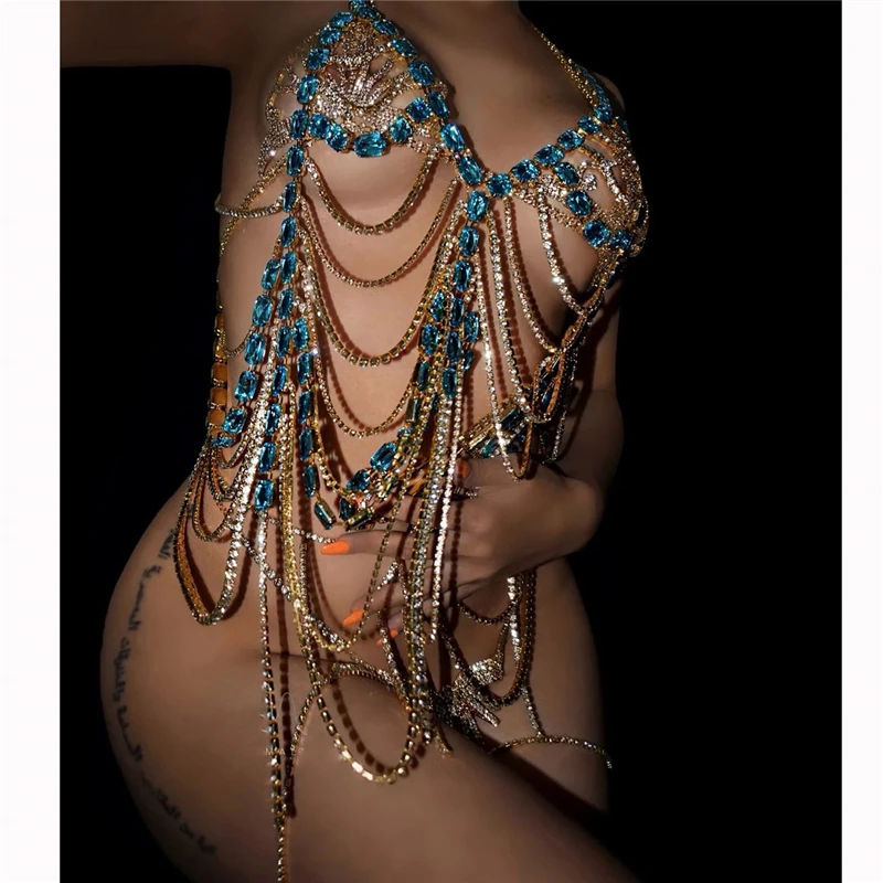الفاخرة كريستال مزدوجة الجسم سلسلة الصدرية تسخير للنساء عيد الميلاد الجوف الشرابة حجر الراين الصدر سلسلة بيكيني الملابس الداخلية مجوهرات #3