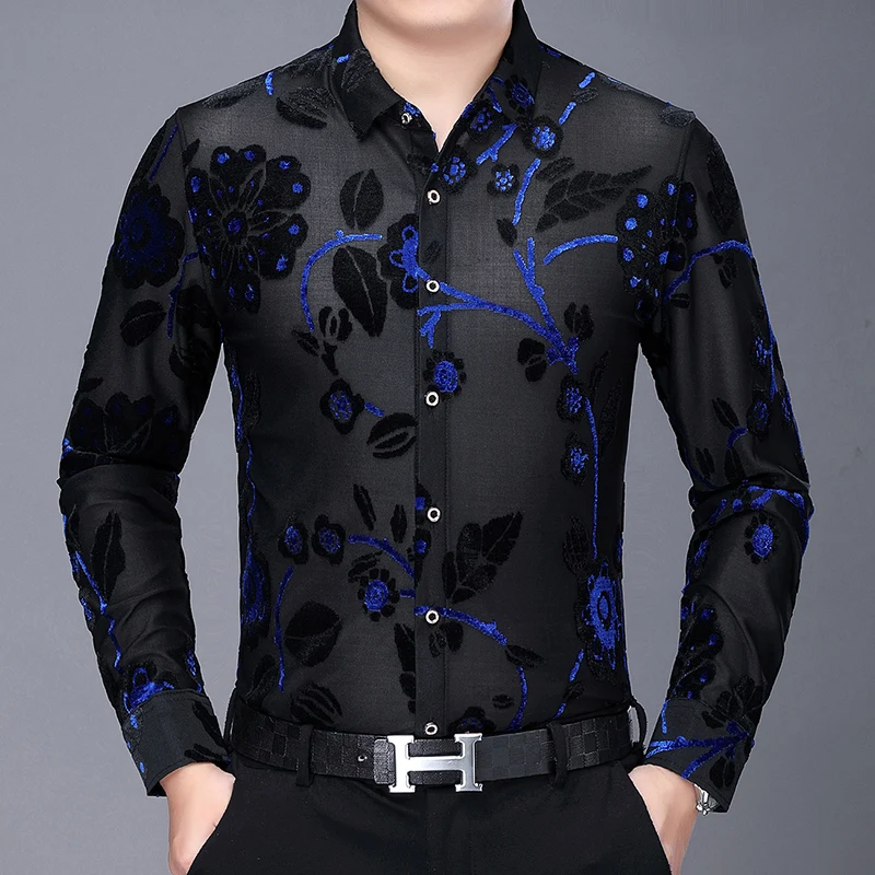 

New Autumn Male See Through Velvet Shirts Sexy Man Floral Shirts Transparent Long Sleeve Shirts