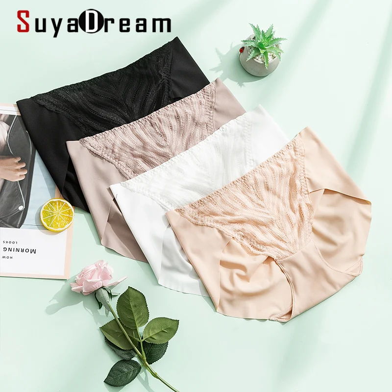 SuyaDream 2pcs/lot Women Panties Natural Silk Lining Seamless Lace Briefs Health 2021 New Everyday wear Intimates Black Nude