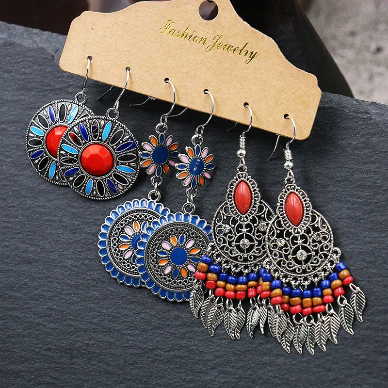 Vintage Big Hanging Set Of Earrings For Women Ethnic Boho Tassel Feather Long Dreamcatcher Drop Earrings Jewelry New Year Gifts