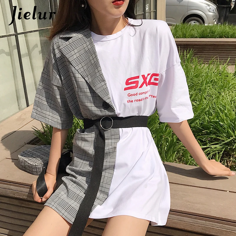 Jielur Patchwork Women Tshirts Fake Two Pieces Sashes Novelty Vintage High Street Tee Female Hit Color Grace Simple Tops Femme