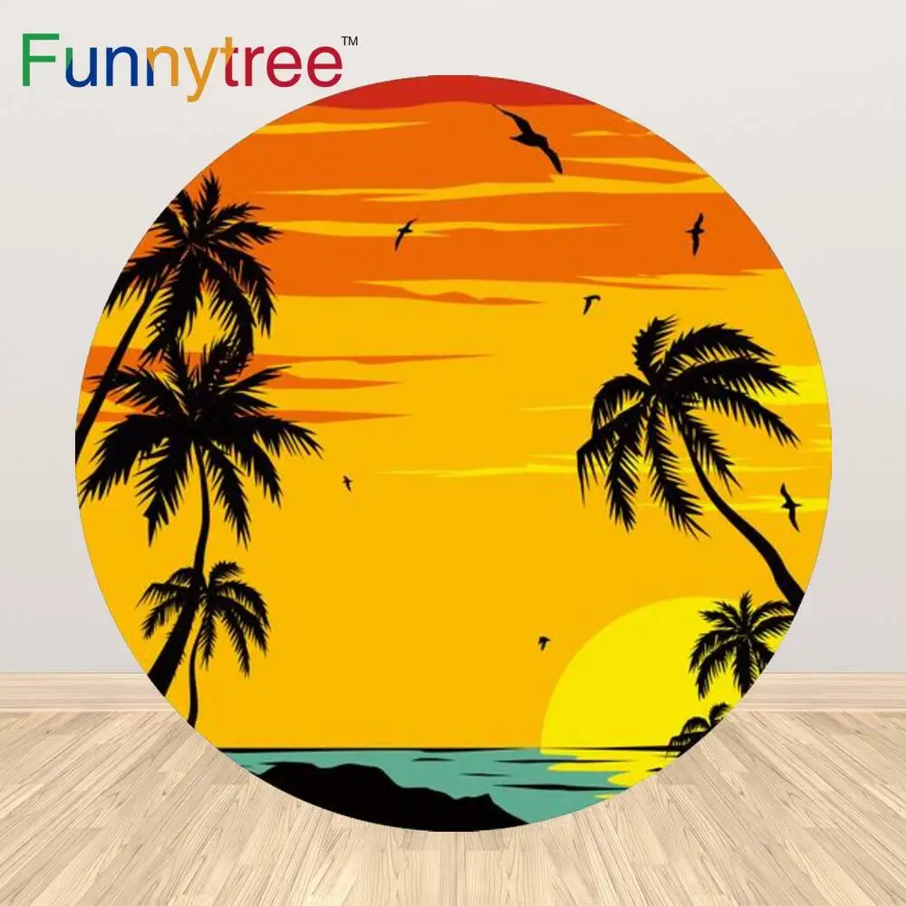 Funnytree Summer Palm Leaf Beach Round Background For Photography Sunset Seagull Hawaii Wedding Wallpaper Kid Birthday Backdrop