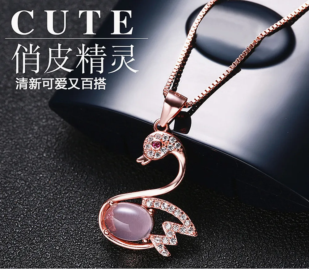 Fashion elegant swan pink crystal zircon diamonds pendant necklaces for women 14k rose gold color jewelry choker bijoux gifts