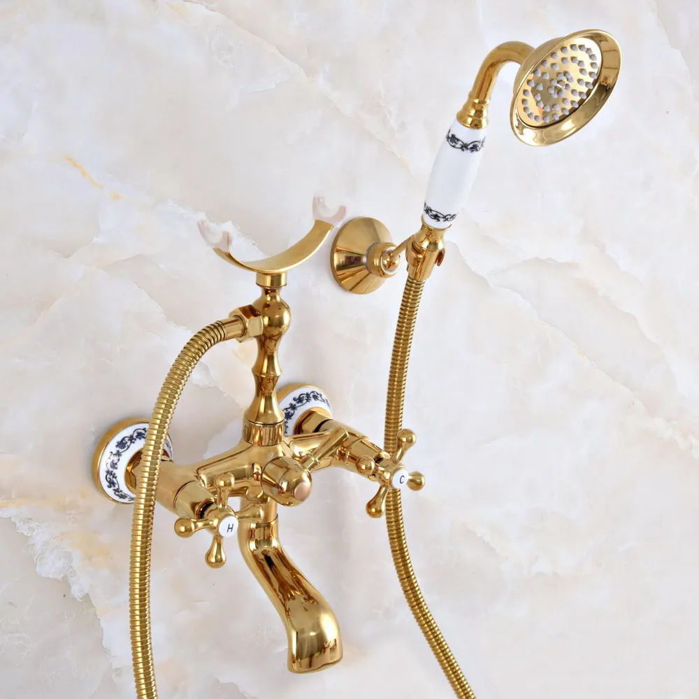 Luxury Gold Color Brass Wall Mounted Bathroom Bath Tub Faucet Set with 1500MM Hand Held Shower Spray Mixer Tap 2na917