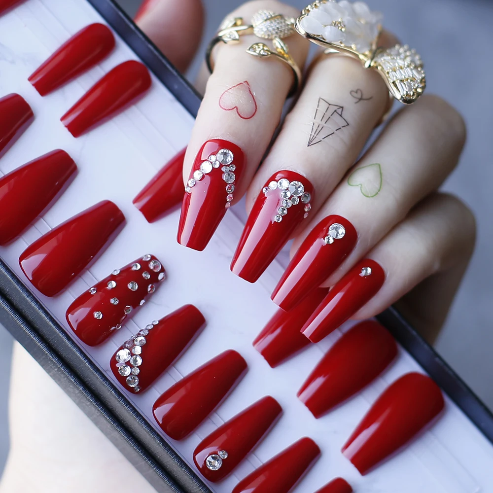 

Coffin Crystal gel False nails Red Ballet rhinestones Press on nails with Black box Glossy Girlfriend Nails gift