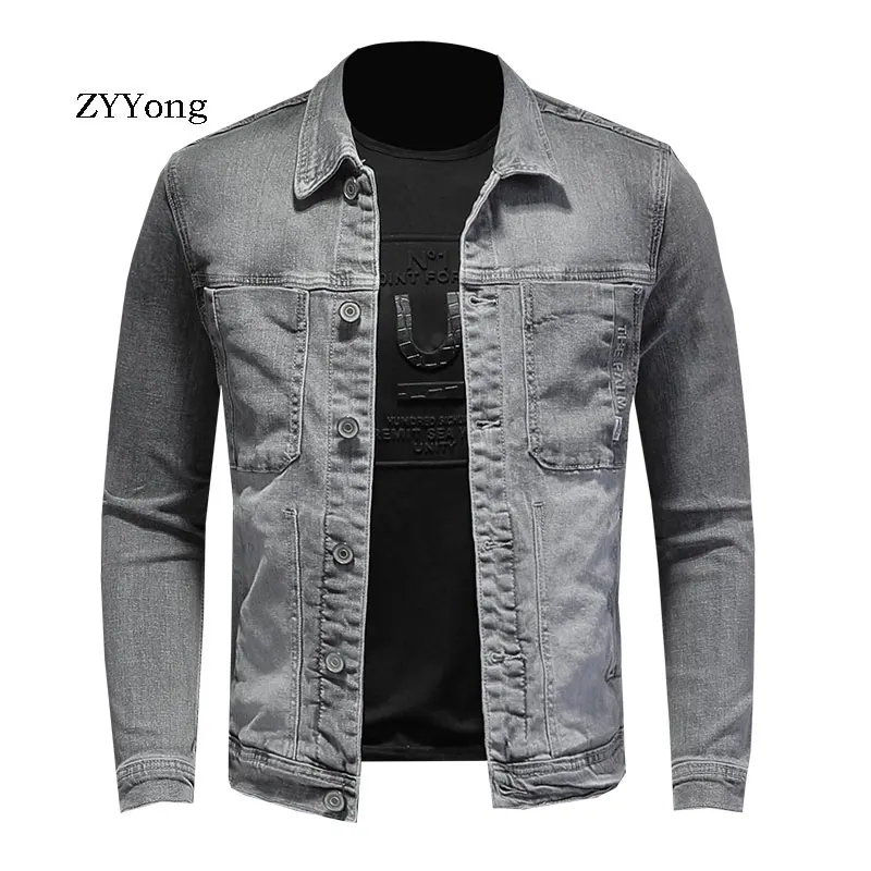 

Spring Bomber Light Grey Denim Jacket Men Jean Coats Motorcycle Cotton Turndown Collar Slim Casual Long Sleeve Outwear Clothing