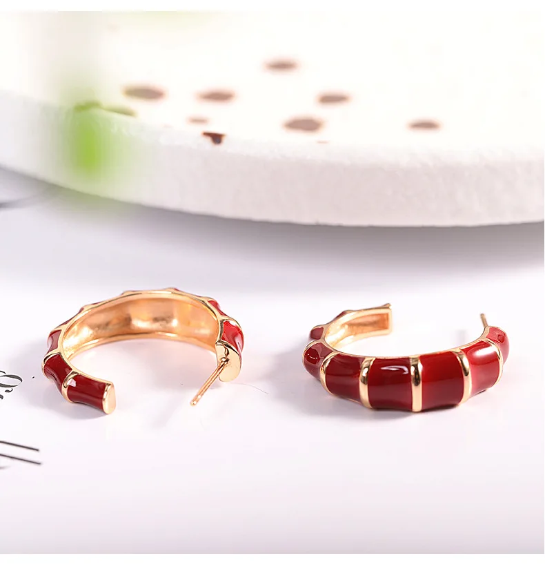 Real s925 silver gold-plated burgundy drip glaze geometric earrings simple temperament women's earrings