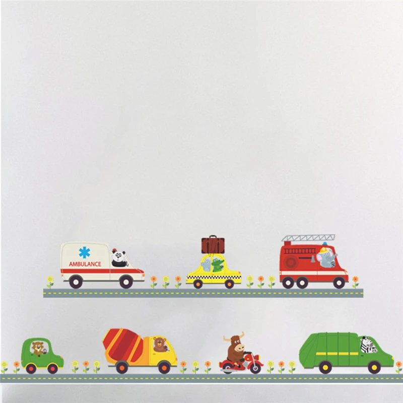 cartoon police ambulance car animals driver wall stickers kids rooms nursery home decor pvc wall decals pvc mural art