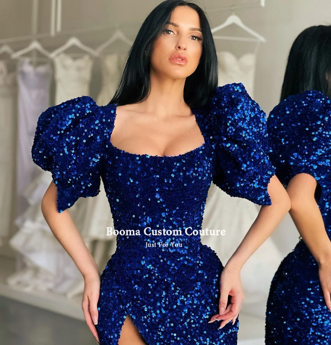 Booma Royal Blue Sequin Evening Dresses Square Short Puff Sleeves High Side Split Evening Gowns Column Long Formal Party Dresses