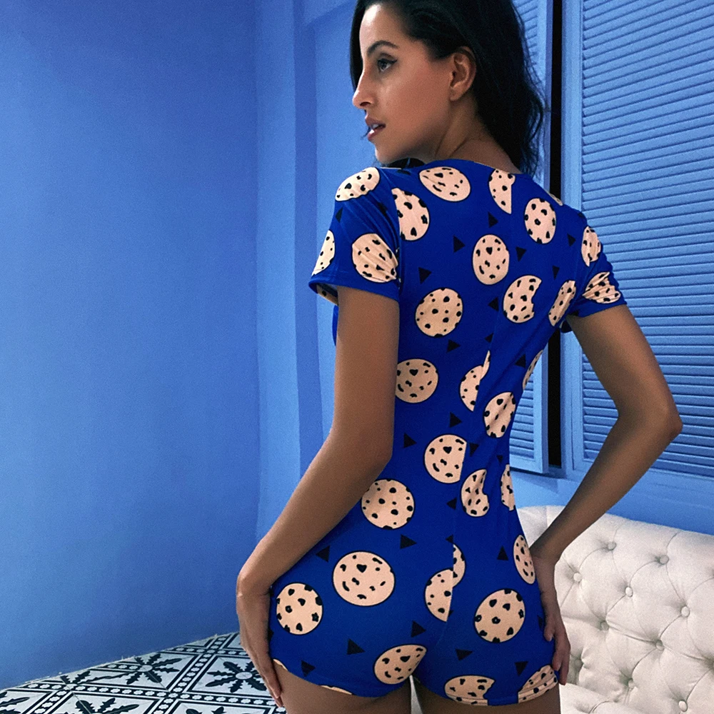 OMSJ 2024 Blue Cookie Print Women\'s Basic Button Casual Short Sleeve Rompers Female Bodycon Workout Playsuit Hot S-3XL Overalls