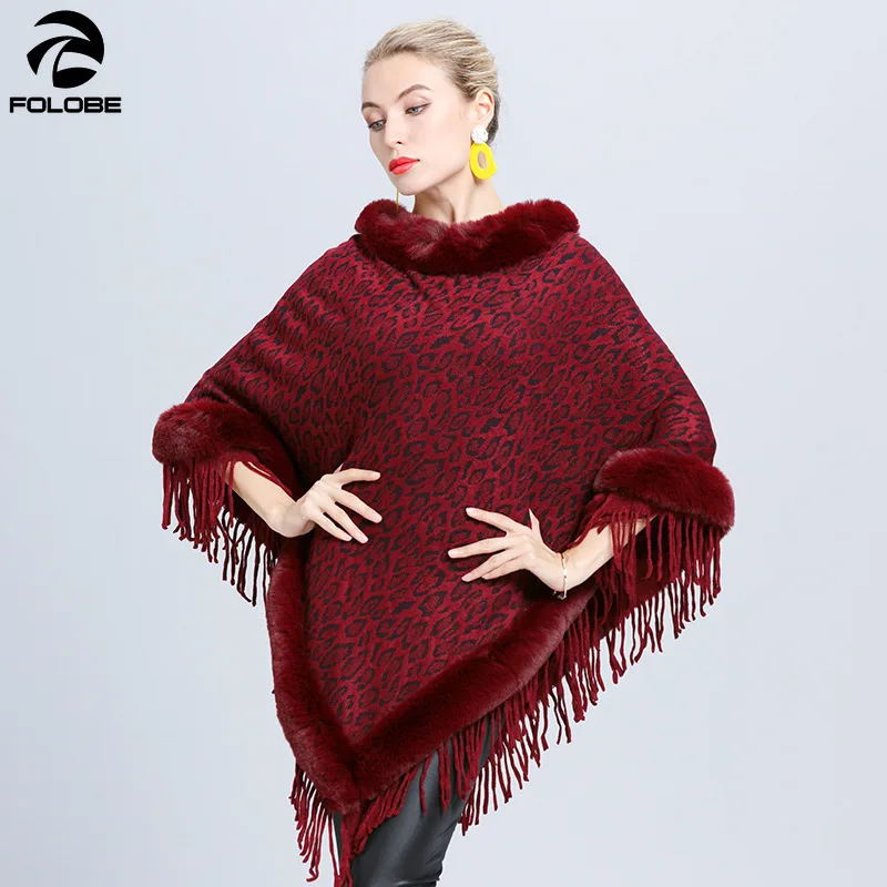 FOLOBE Long Cape Coat For Women Knitted Tassel Leopard Jacquard Faux Fur Cloak Jacket Women Pullover Warm Ponchos And Capes