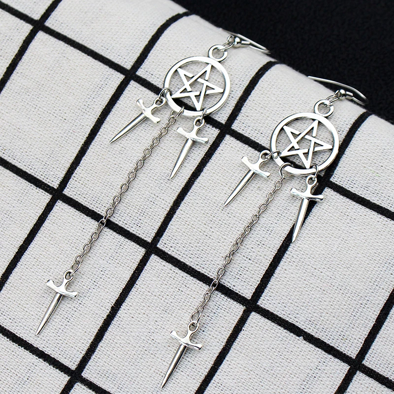 Pentagram Swords Earrings Silver Plated Huggie Hoops Dangle Witchy Jewelry Pagan Wiccan Tarot Gothic Emo Women Gift