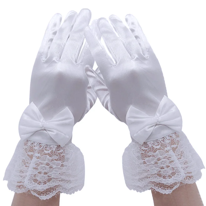 

Lovely Elastic Girl Etiquette Performance Lace Wrist Gloves Satin Flower Lace Bow Gloves Short Children Princess Dance Glove B98