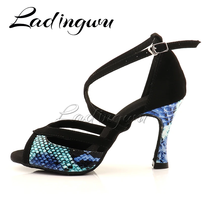 Ladingwu Latin Dance Shoes For Women Black Suede and Blue Snake Pattern PU Salsa Dance Shoes Women\'s Ballroom Dance Sandals