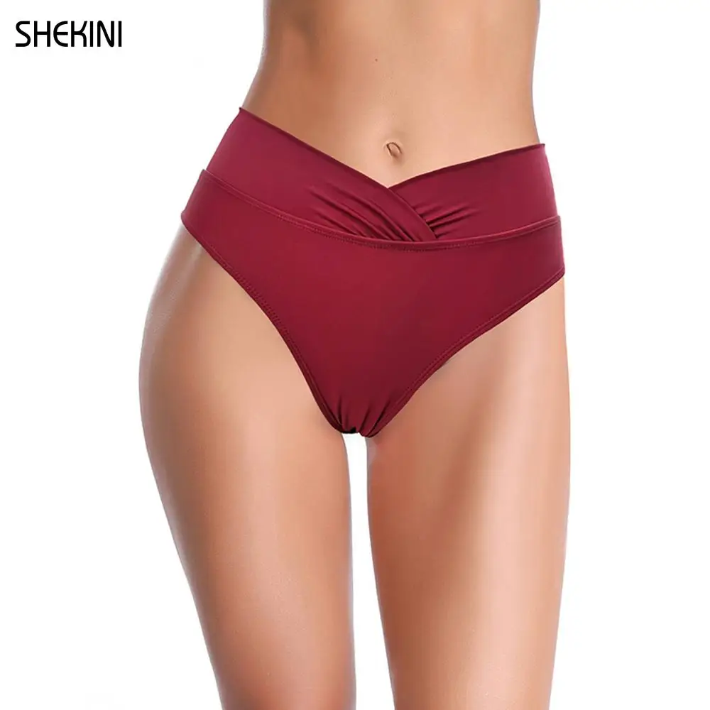 

SHEKINI Women's Solid Swim Briefs Twist front Bikini Bottom Hipster Swimsuit Panties High Waisted Swim trunks Beach Shorts