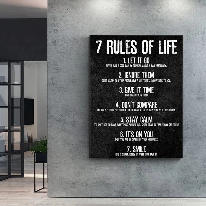 7 Rules of Life Motivational Posters and Prints  Black White Font Canvas Painting Wall Decorative Picture One Piece Home Decor