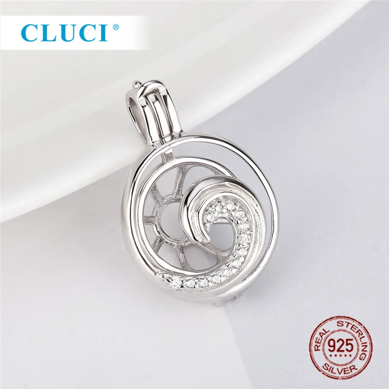 CLUCI 925 Sterling Silver Charms White Cubic Zircon Wave Shape Pearl Cage Locket Pendant for Necklace For Women SC376SB