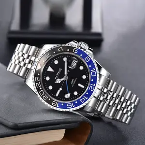 40mm PARNIS Black Dial Luminous Sapphire Glass GMT Automatic Mens Luxury Brand Top Mechanical Watch Relogio Masculino Solid Back AliExpress 1511