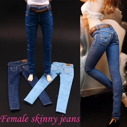 In Stock CF001 1/6 Female Skinny Blue Jeans Pencil Pants with Leather Belt for 12