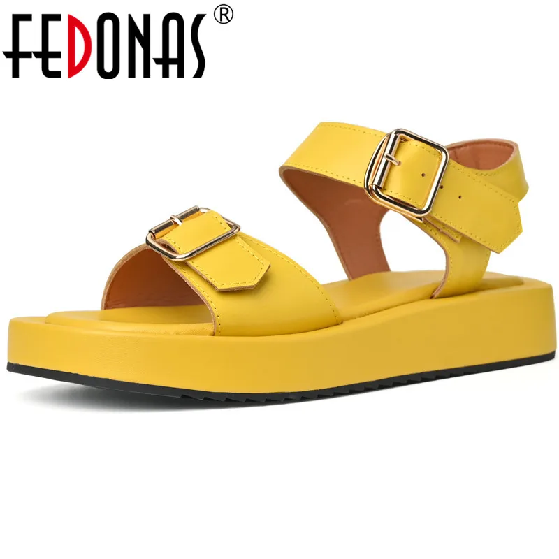 FEDONAS Classic Women Falt Shoes Genuine Leather Punk Platform Shoes Woman 2025 Summer Buckles Office Lady Casual Women Sandals