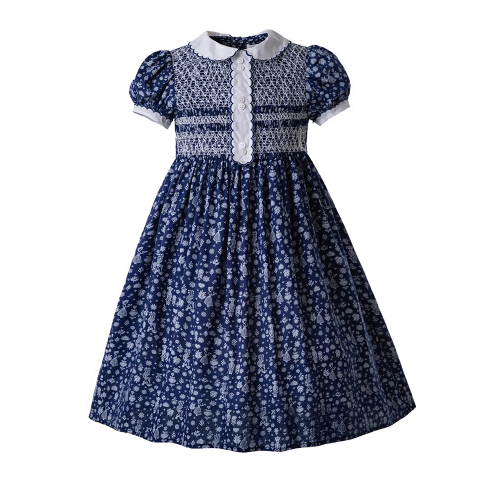 Pettigirl Vintage Floral Printed Girls Dresses Doll Collar Smocked Baby Girl Clothes Thanksgiving Kid Smocked Dress G-DMGD006-B4