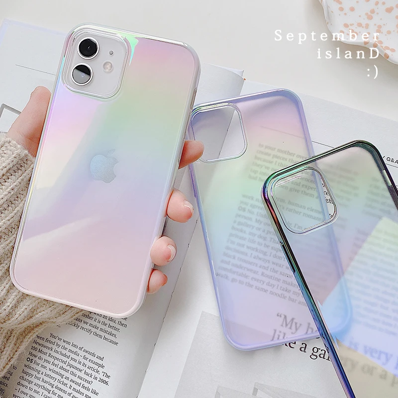 Luxury Square Glossy Electroplating Transparent Laser Rainbow Soft Hard Phone Case For iPhone 14 13 