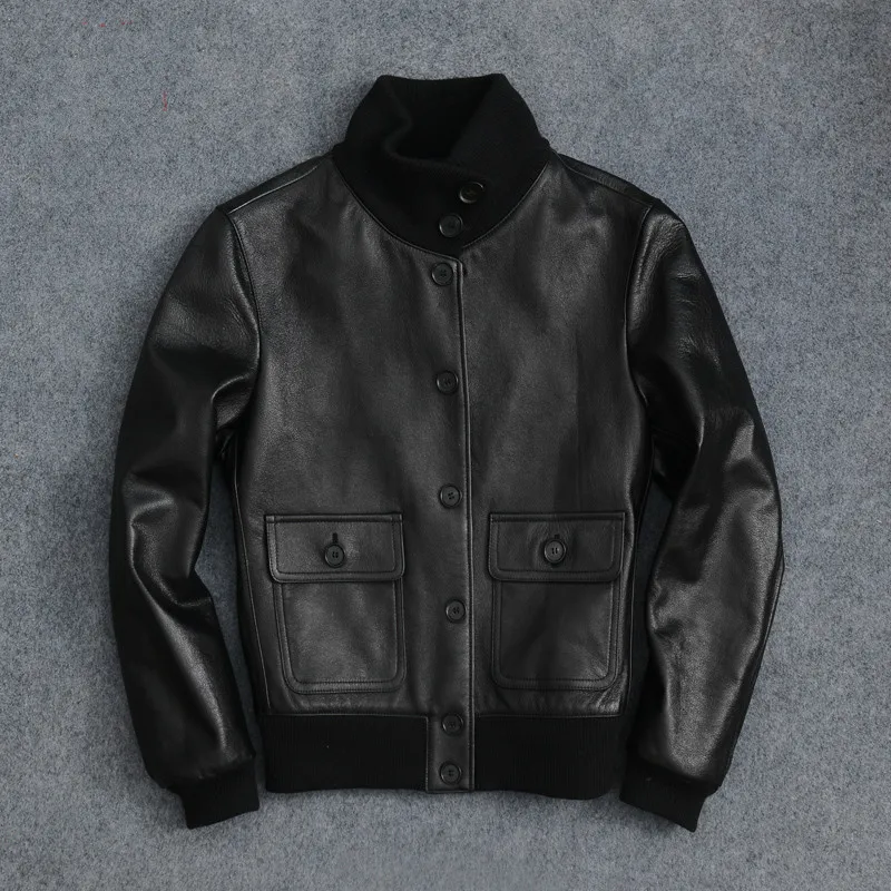 High-quality Sheepskin Genuine Leather Jacket Men Black Real Leather Baseball Jacket Turtleneck Single-breasted Leather Coats