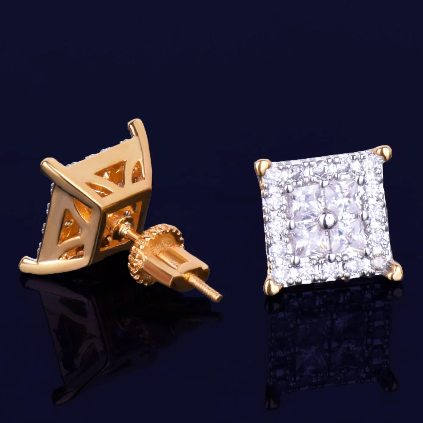 12MM Square Baguette Zircon Stud Earring Silver Color Charm Screw Back Women Men\'s Earrings Fashion Hip Hop Jewelry