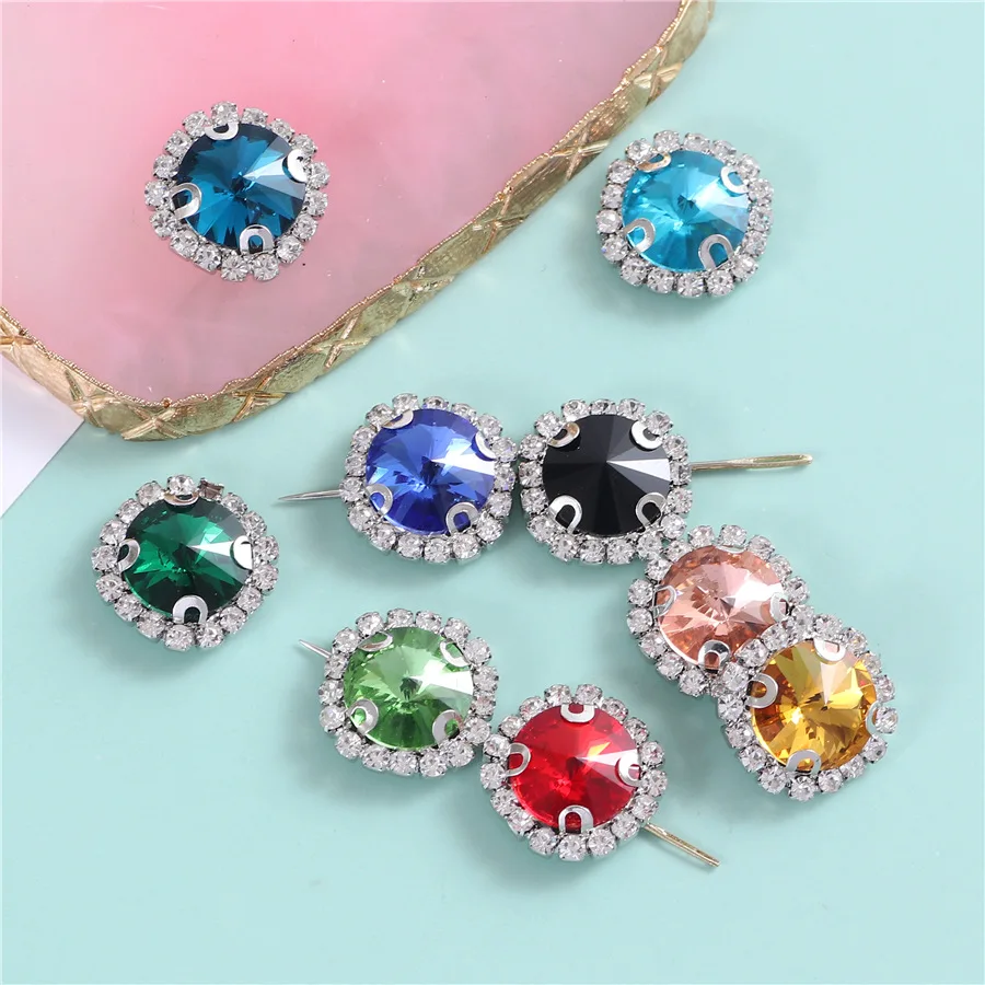 New 10pcs Colorful Round Glass Sew on Rhinestones With Silver Lace Claw Flatback Crystal Sewing Decorations for Clothes