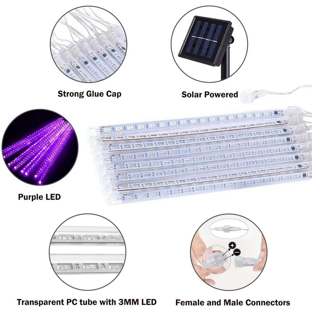 30/50cm 8 튜브 LED 유성우 스트링 라이트 태양열 야외 방수 요정 휴일 램프, 크리스마스 웨딩 홈 파티 장식