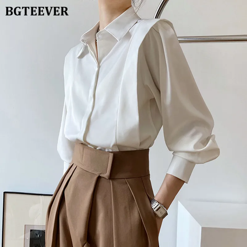 BGTEEVER Elegant Turn-down Collar Women White Shirts Blouses Full Sleeve Ruffles Loose Female Satin Blouses 2021 Autumn