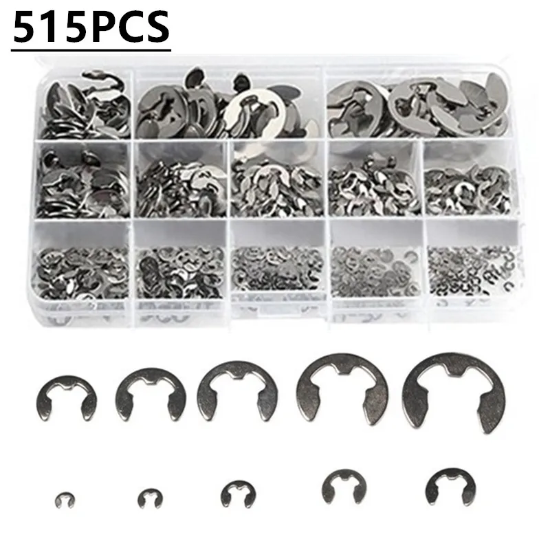 515Pcs Circlip Retaining Ring Washer Assortment Kit For Shaft Fastener 304 Stainless Steel E Clip 1.5mm-15mm Metalworking