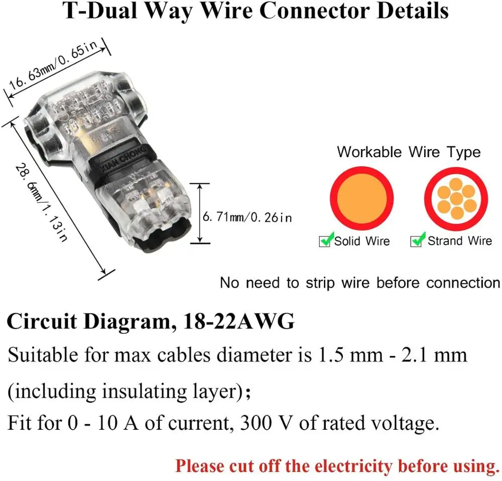 Wire Connectors Low Voltage T Tap Wire Connectors, 3 Way Wire Connector,T Type 2 Pinfor LED Strip,Automotive Connection 24-20AWG