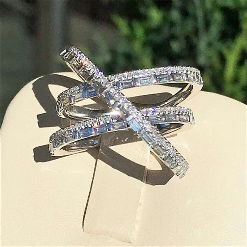 Original 925 Sterling Silver Cross Line Ring T shape AAAAA cz Engagement Wedding Band Rings for women Bridal Fine Party Jewelry