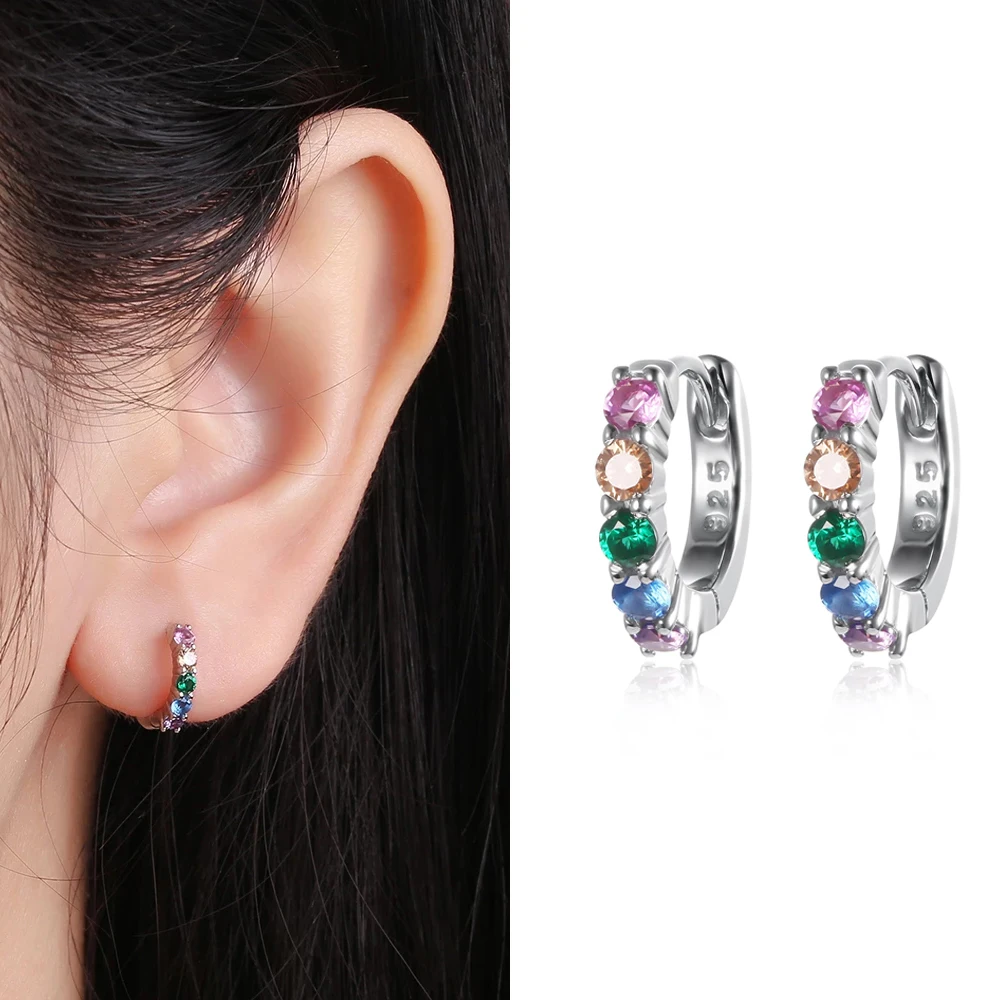 925 Sterling Silver Multi-color Shiny Zircon Small Circle Hoop Earrings Stackable For Women Girls Birthday Jewelry Gift Korea