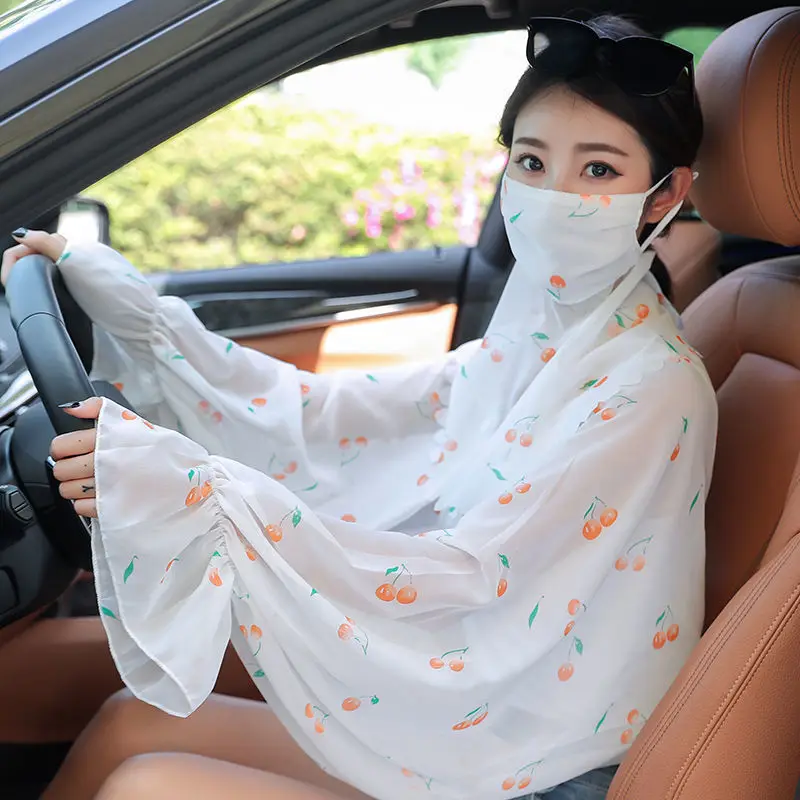 Womens Summer Fashion Floral Print Shawl Ice Silk Anti-ultraviolet Sleeve Veil Suit Driving Cycling Sun Protection Arm Warmers