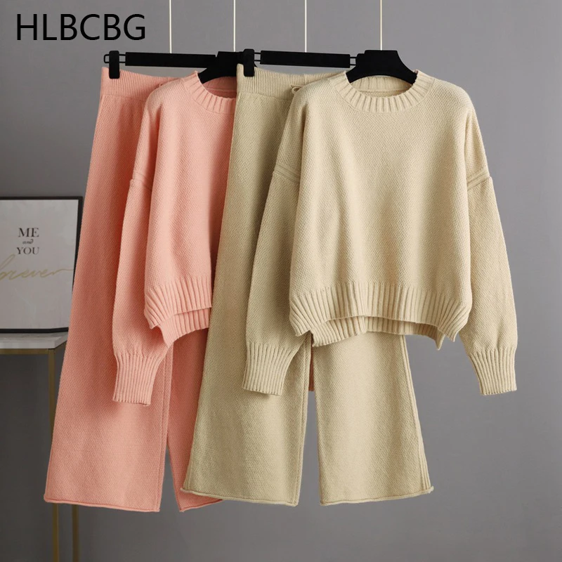 HLBCBG Basic Two Piece Knitted Loose Pants and O Neck Sweater Suit Women 2023 Autumn Winter Warm Sets Female Tracksuits Pullover